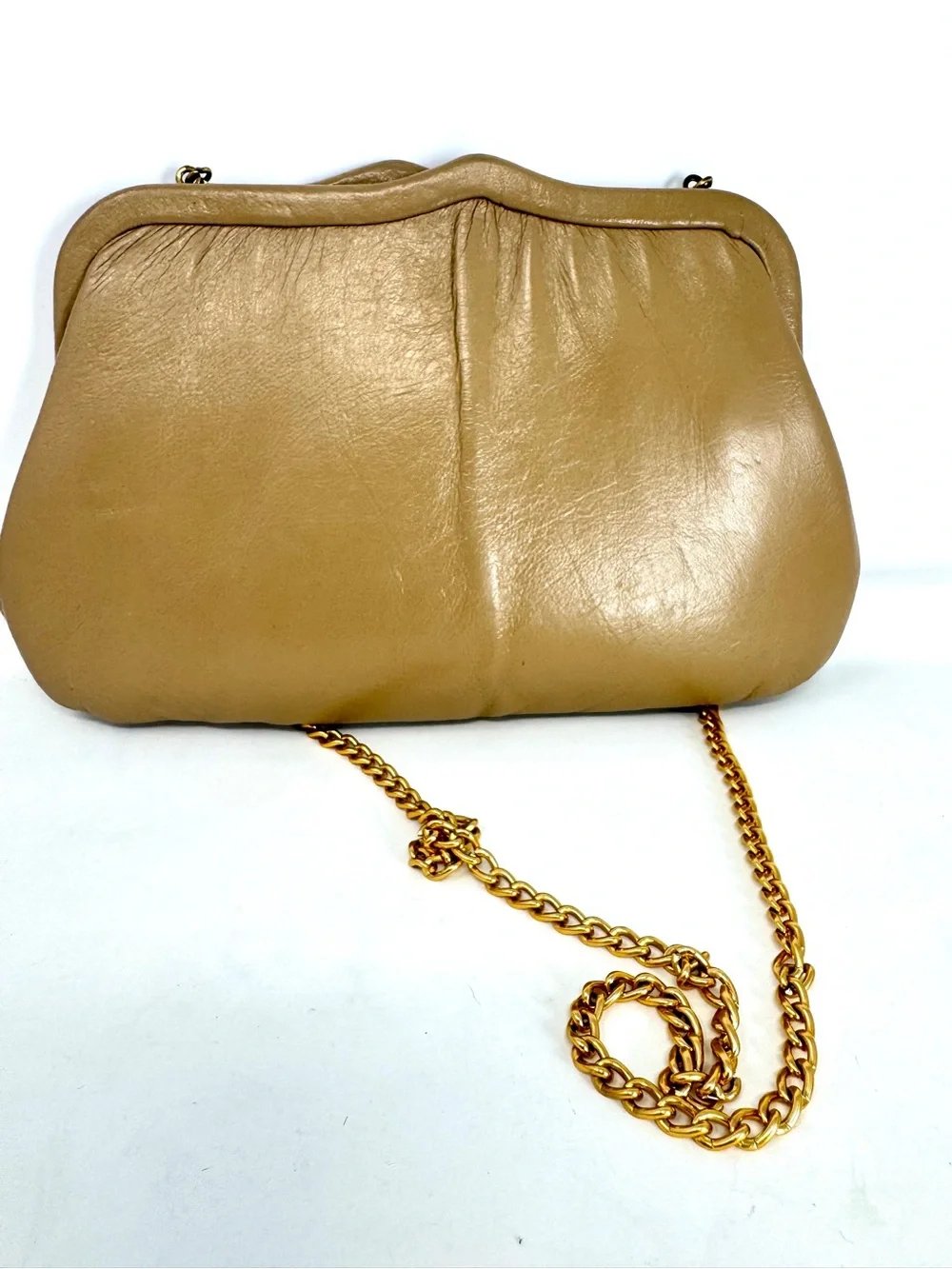 Vintage 1950s Ande Metallic Gold Leather Frame Clutch - Convertible Chain Strap